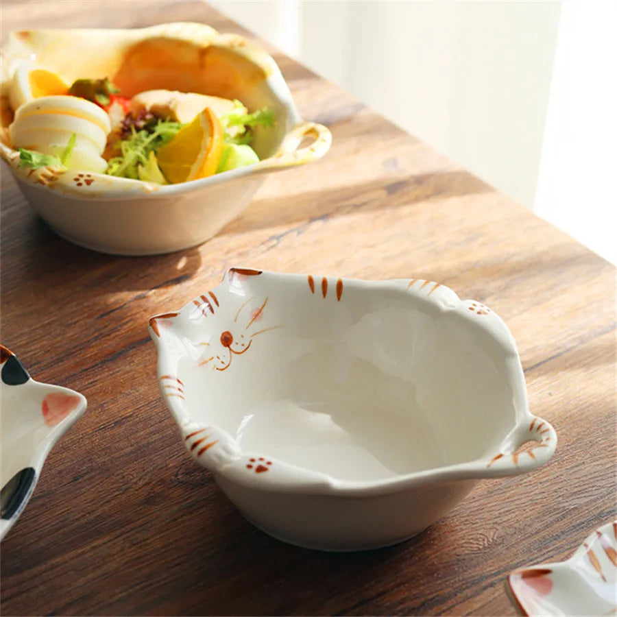 Ceramic salad bowl, creative hand drawn kitten bowl, 330ml/11oz cute fruit salad bowl