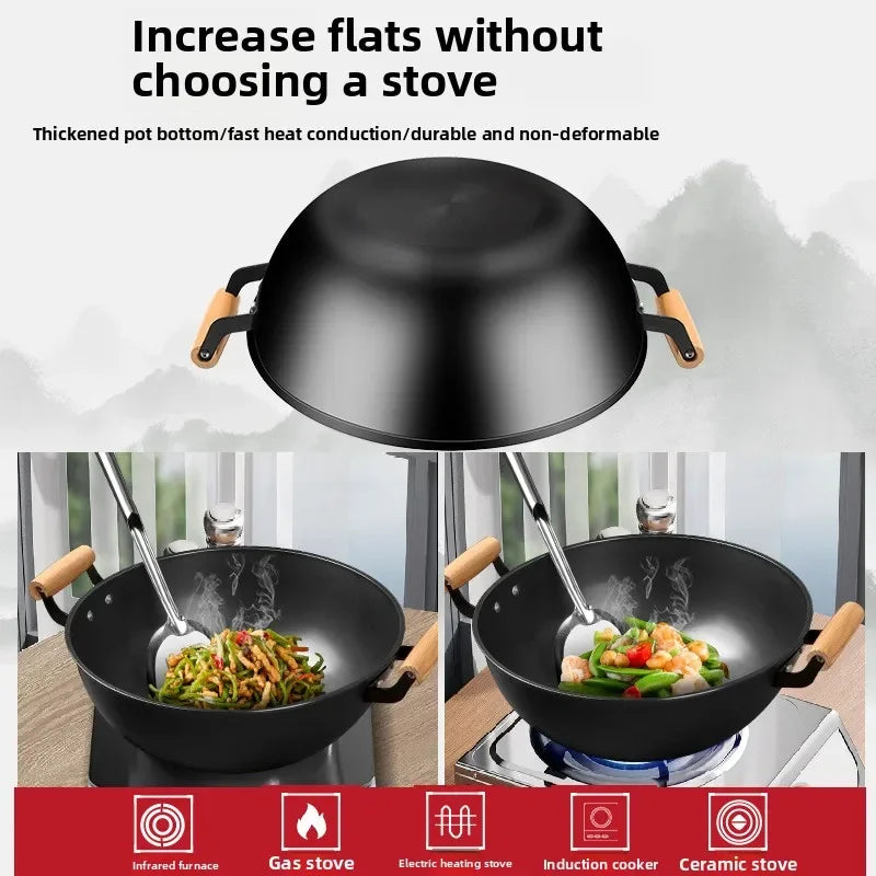 Thickened double ear iron pan frying pan, household deep stew pan, flat bottomed non stick pan, induction cooker frying pan