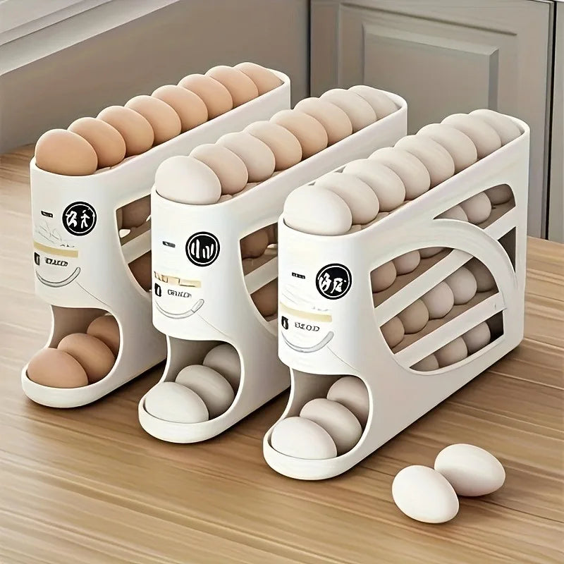 Fridge Egg Holder - 4-Tier Slide-Out Rack for 30 Eggs | Space-Saving Kitchen Organizer | Ergonomic Handle & Anti-Collision Rails