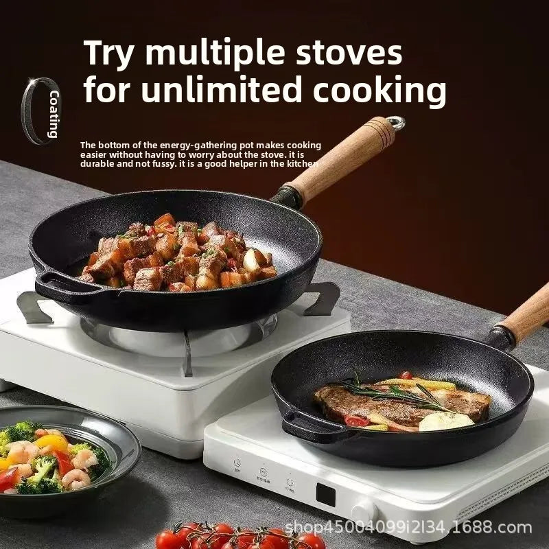 Cast iron flat bottomed pan, non stick pan, uncoated steak frying pan, gas stove, iron pan, old-fashioned pancake pan