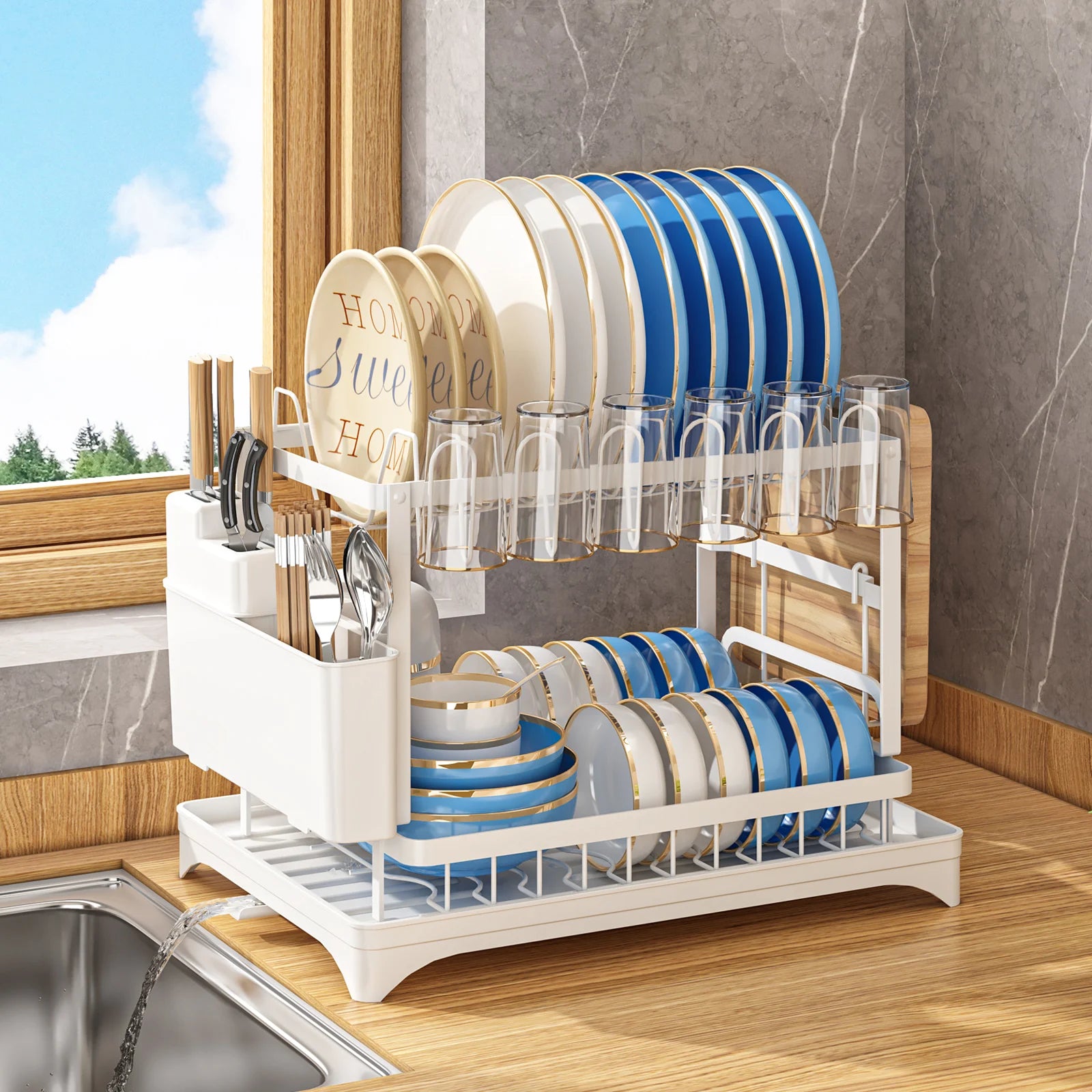 Multifunctional Dishs Drying Rack - Rustproof 2-Tier Dish Racks with Drainboard, Space-Saving Design, Utensil & Cup Holder