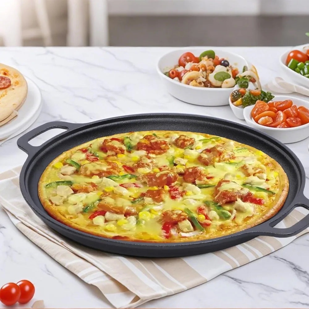 1 Piece Cast Iron Round Double Handle Frying Pan Grill Pancake Pizza Pan Kitchen Cooking Pan for Camping Pancakes and Pizza