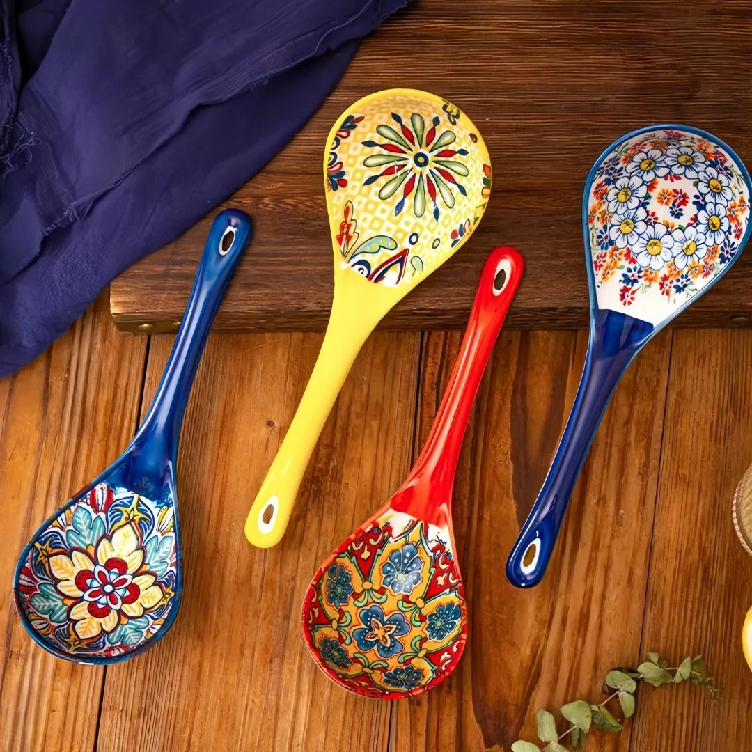 Set of 2 Bohemian Ceramic Serving Spoons - Colorful Decorative Utensils for Dining