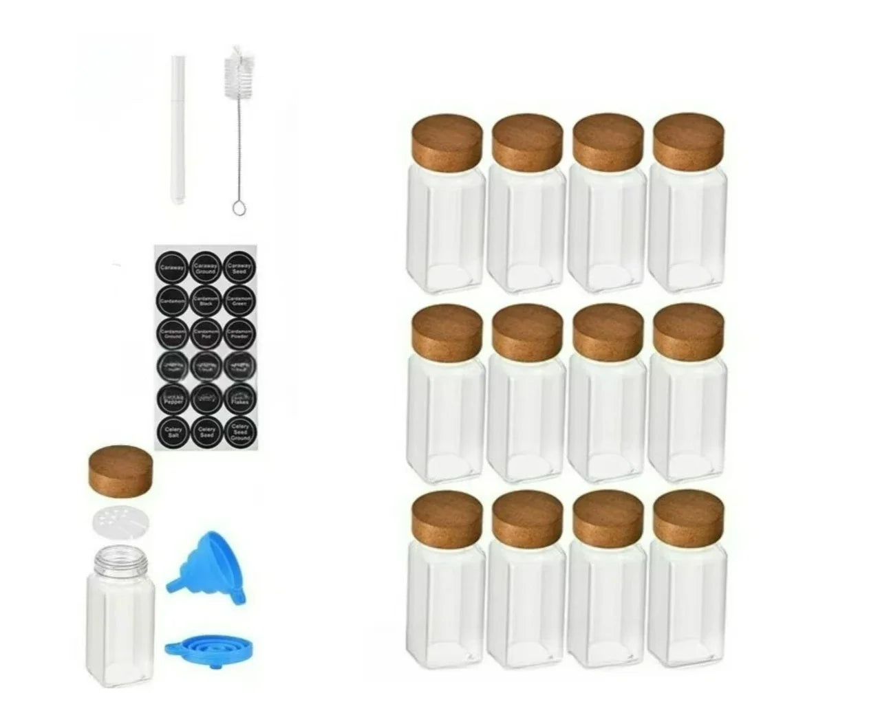 Square Spice Jars Set with Wooden Lid Spice Jars with Shaker Insert and Labels - Empty Glass Container for Spice Organisation