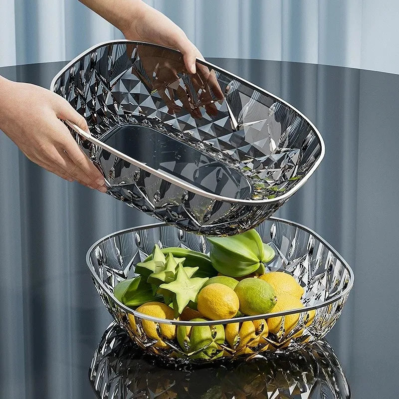 New Household Fruit Bowl Salad Dessert Biscuit Plate Plastic Square Transparent Tray Golden Edge Snack Plates Tableware