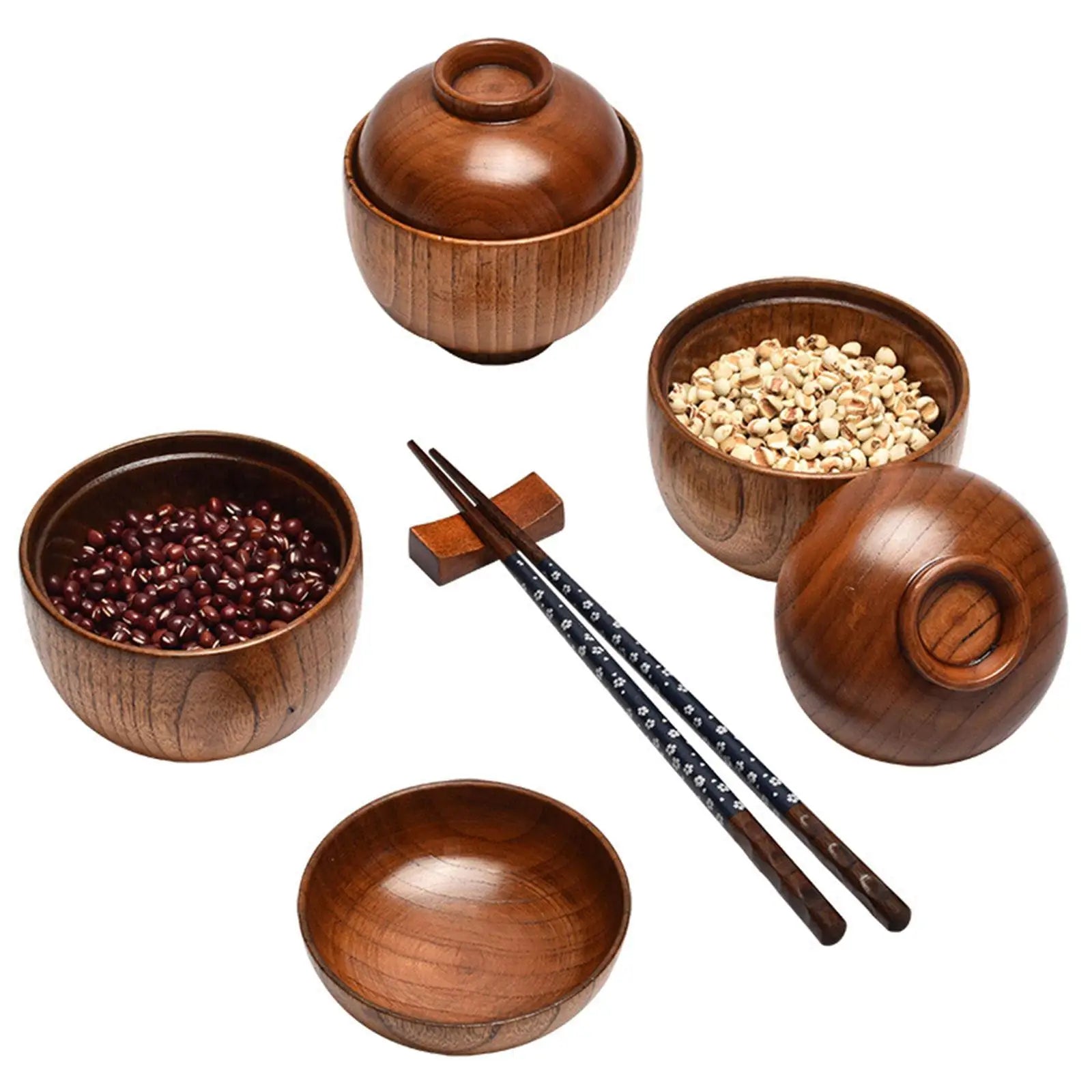 Wooden Bowl with Lid Rice Serving Bowl Food Container Tableware Food Utensil Small Wooden Bowls