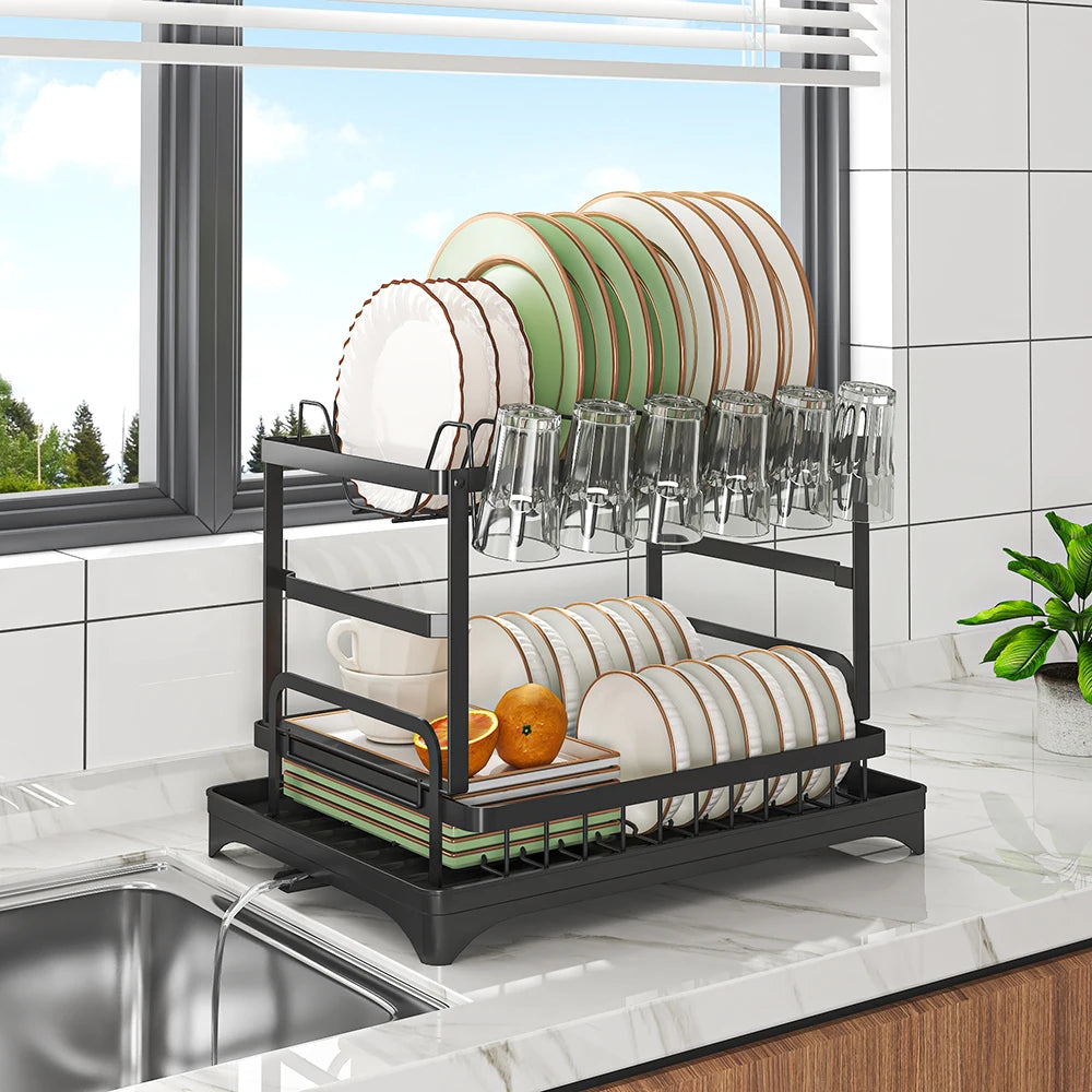 Multifunctional Dishs Drying Rack - Rustproof 2-Tier Dish Racks with Drainboard, Space-Saving Design, Utensil & Cup Holder