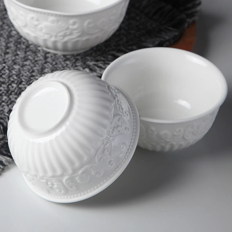 4/5/6inch, white embossed porcelain salad bowls, ceramic cooking food bowl, japanese rice bowl , kitchen food container, small