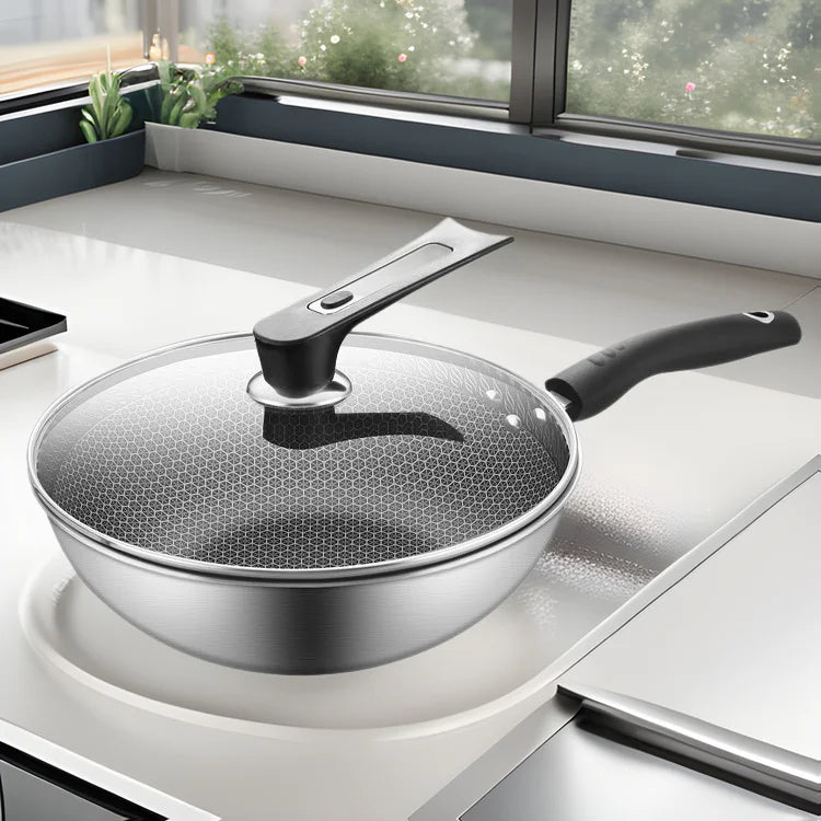 Stainless steel stir fry pan, non stick pan, household stir fry pan, flat bottomed pan, gas electric stove, universal pan