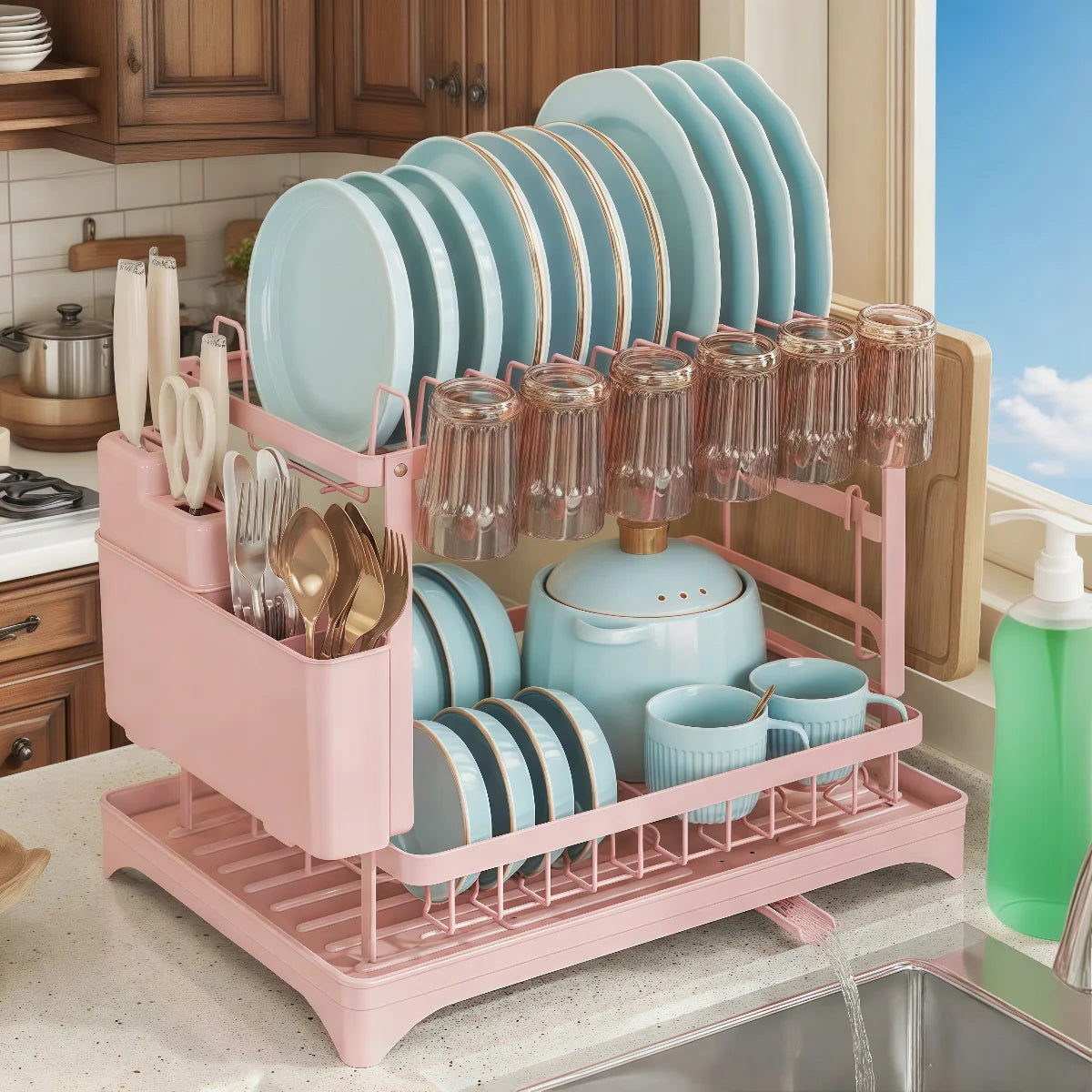Multifunctional Dishs Drying Rack - Rustproof 2-Tier Dish Racks with Drainboard, Space-Saving Design, Utensil & Cup Holder