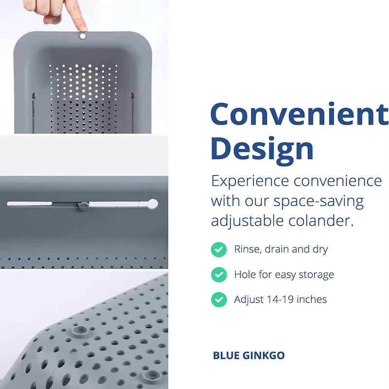 Sink Colander Basket, Organizer Storage Blue, Draining Plate - Expandable Home Kitchen Essentials (7.9Wx14.5-19.5Lx2.75H) Gray