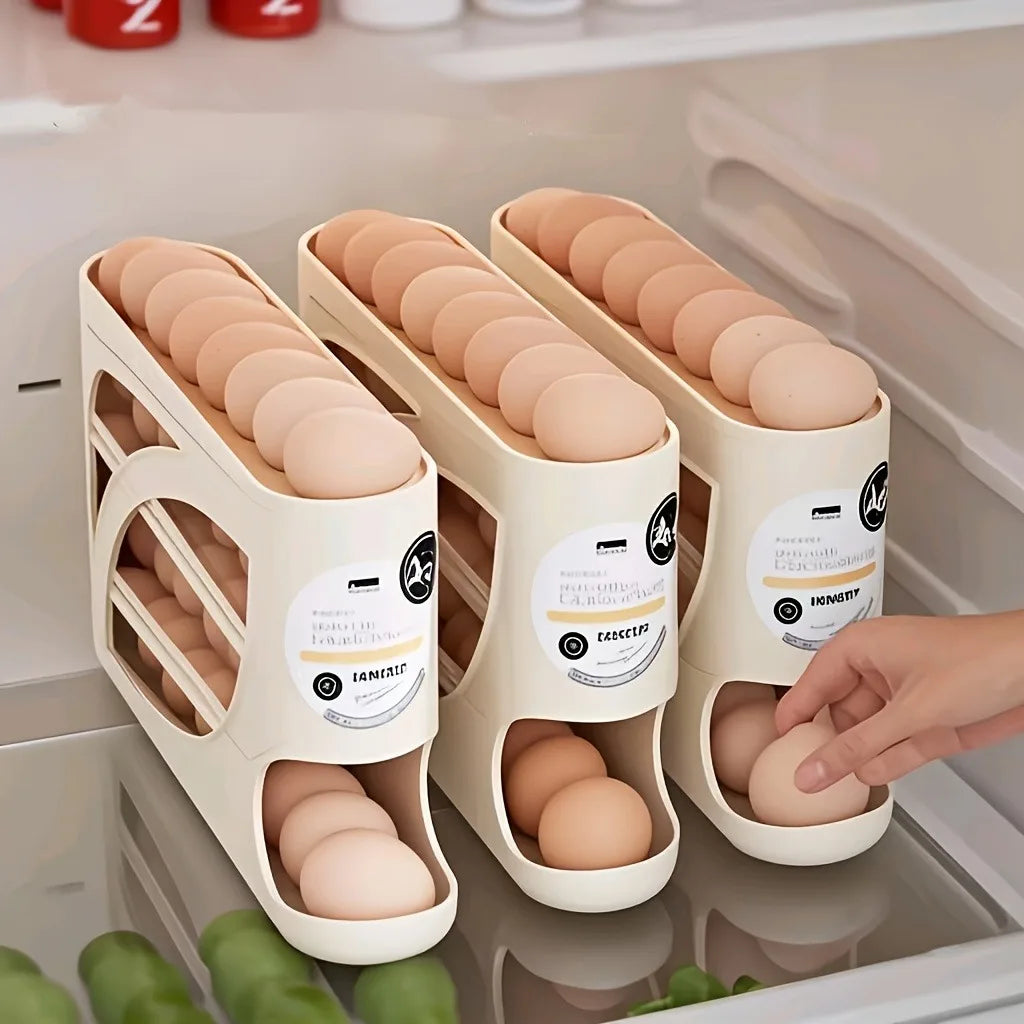 Fridge Egg Holder - 4-Tier Slide-Out Rack for 30 Eggs | Space-Saving Kitchen Organizer | Ergonomic Handle & Anti-Collision Rails