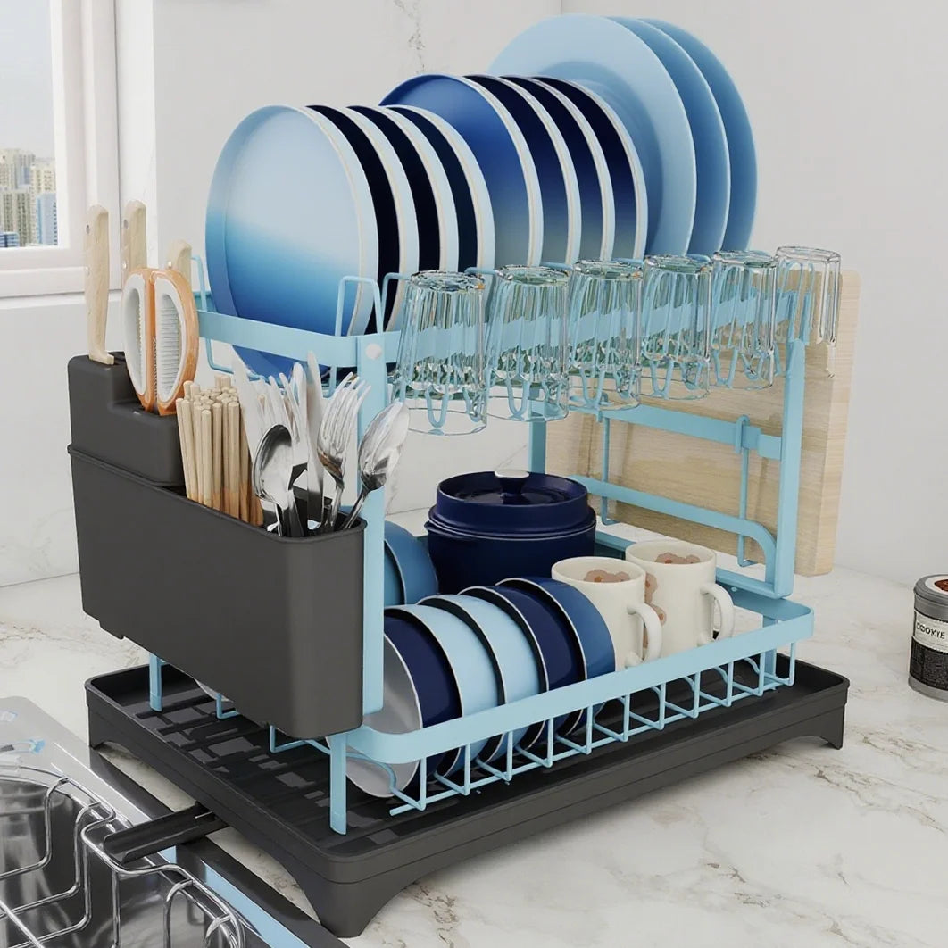 Multifunctional Dishs Drying Rack - Rustproof 2-Tier Dish Racks with Drainboard, Space-Saving Design, Utensil & Cup Holder