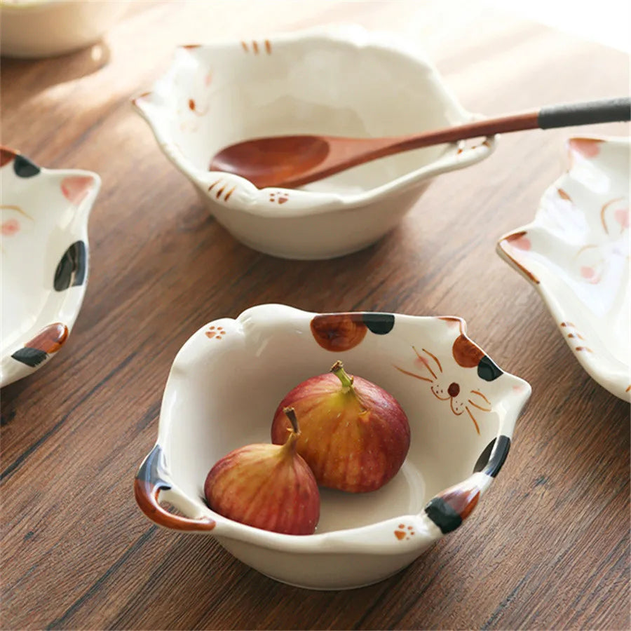 Ceramic salad bowl, creative hand drawn kitten bowl, 330ml/11oz cute fruit salad bowl