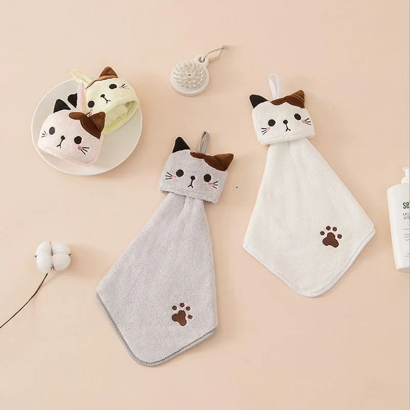 Cute Cat Kitchen Cleaning Towel Hanging Hand Towels Absorbent  Dishcloths Coral Velvet Soft Cleaning Cloth Rag