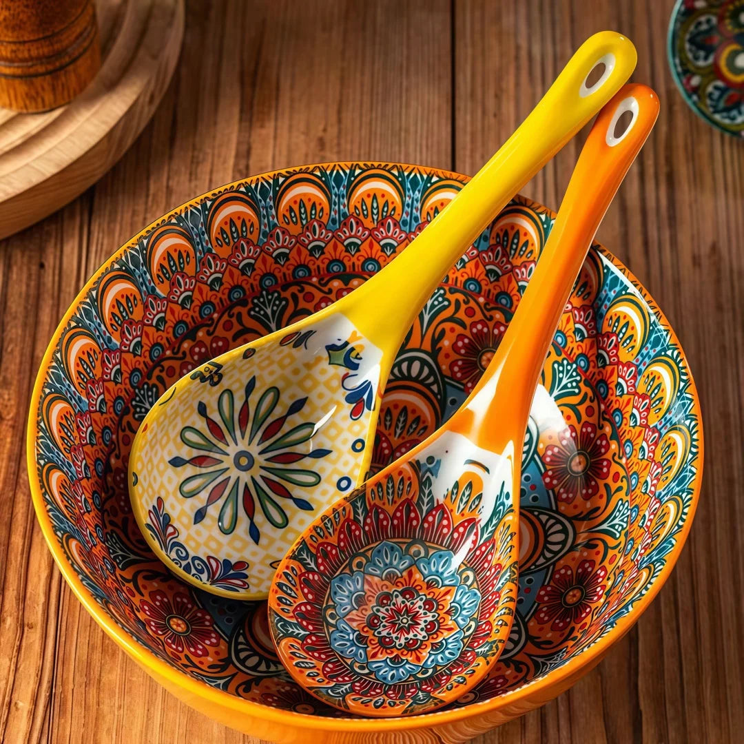 Set of 2 Bohemian Ceramic Serving Spoons - Colorful Decorative Utensils for Dining