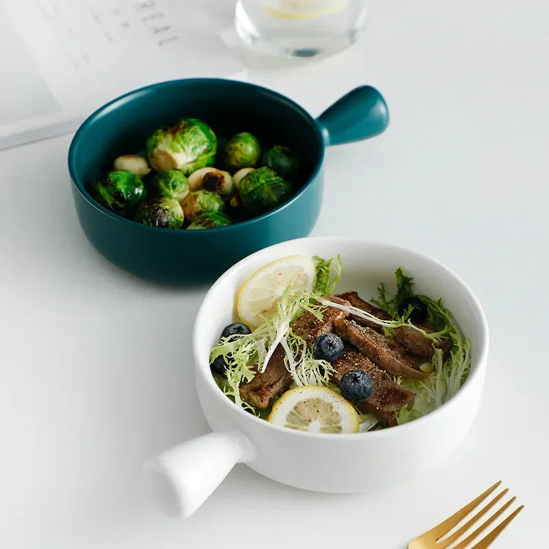 Salad Bowl with Handle, Solid Color, Breakfast Cereal Fruit Bowl, Dessert Soup Noodle Bowl, Microwave Oven