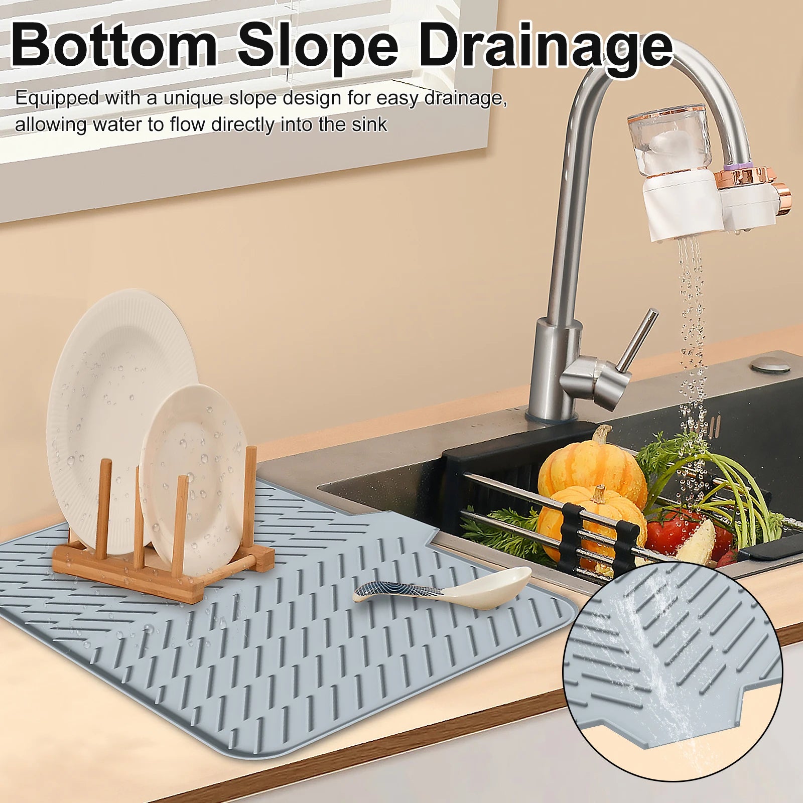Dish Drying Mat Ultra Absorbent Silicone Drying Mats Non-Slip Fast Drying Draining Mat Heat Resistant Kitchen Dish Drying Pad
