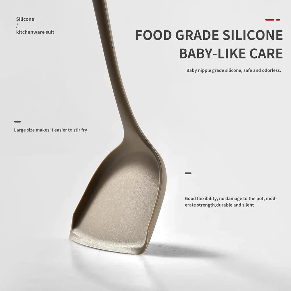 Khaki Food Grade Silicone Kitchen Cookware Utensils Turner Spatula Soup Spoon Practical Cooking Tool Kitchenware Set
