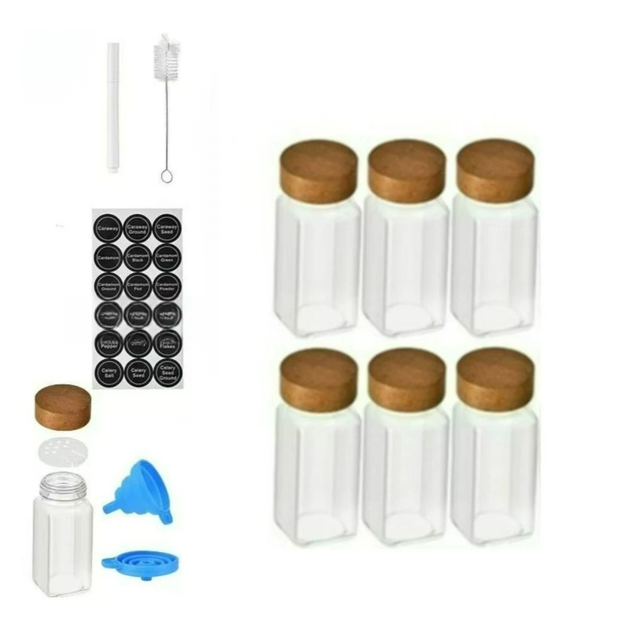Square Spice Jars Set with Wooden Lid Spice Jars with Shaker Insert and Labels - Empty Glass Container for Spice Organisation