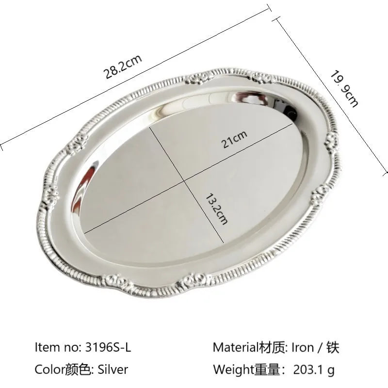 Vintage Embossed Silver Tray Serving Platter for Desserts Jewelry Storage Organizer Snack Plate Dining Table Decoration