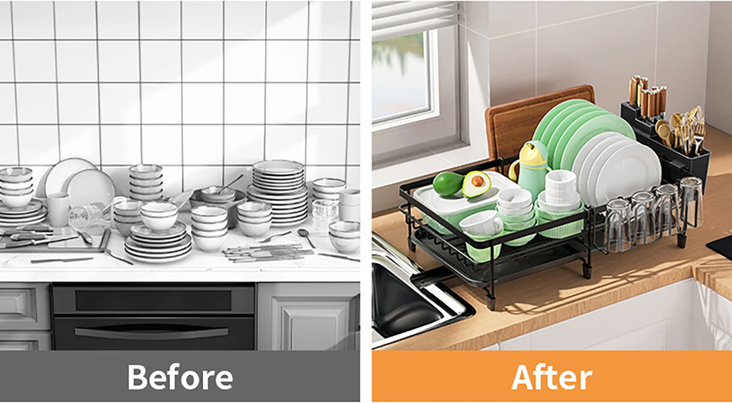 Dish Drying Rack, Dish Rack with Drainboard, Kitchen Expandable Dish Drying Rack with Rotatable Swivel Spout and Utensil Holder