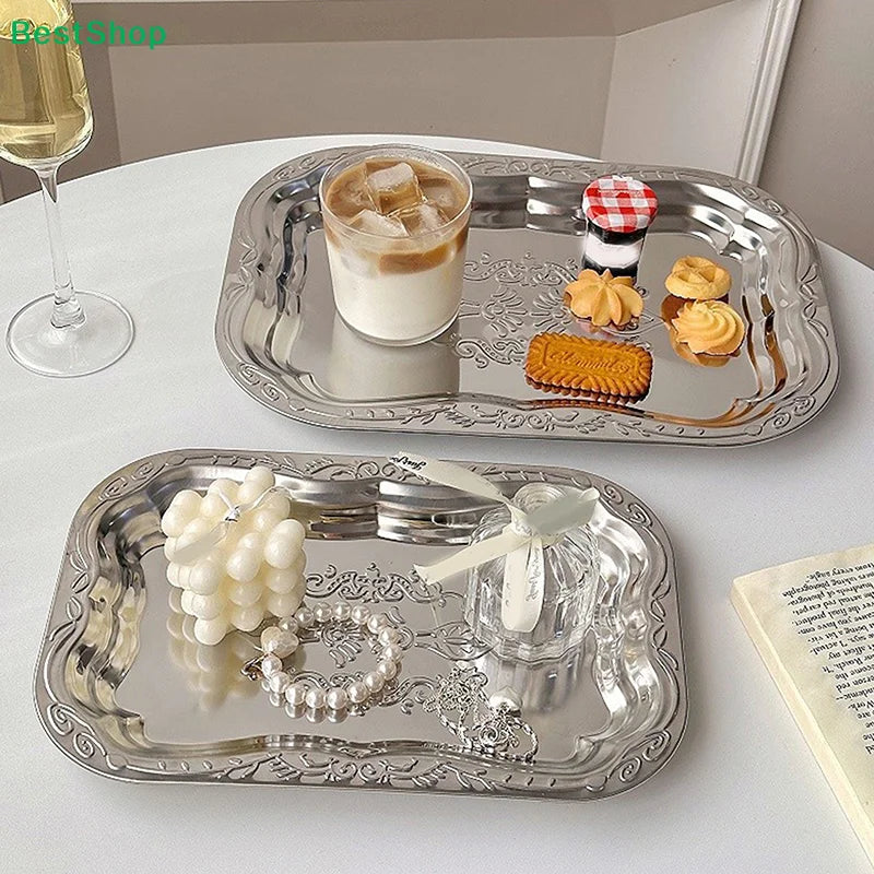 ♥Vintage Engraved Stainless Steel Serving Trays - Decorative Rectangle Platter for Party, Dining & Home Decor