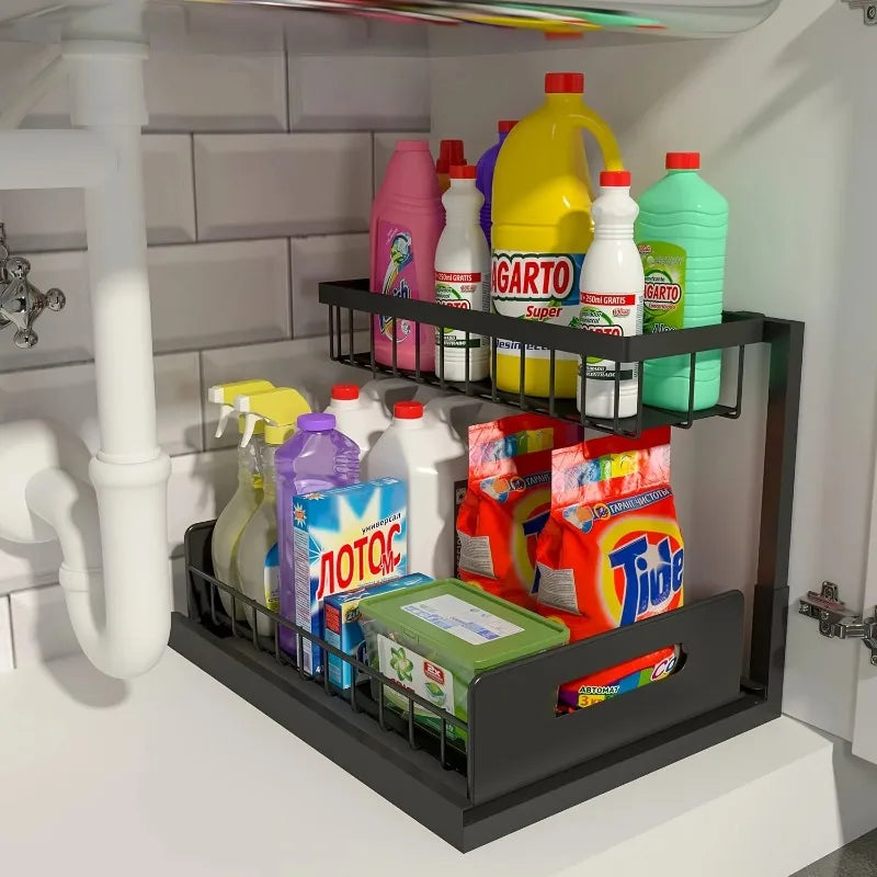 Under Sink Organizer, Pull Out Cabinet Organizer 2 Tier Slide Out Sink Shelf Cabinet Storage Shelves, Under Sink Storage