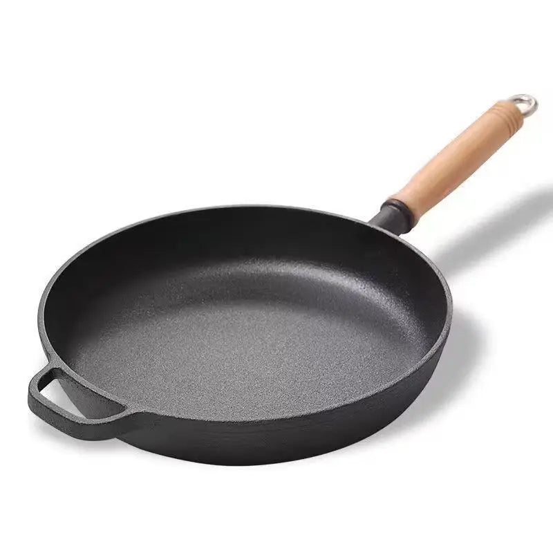 Cast iron flat bottomed pan, non stick pan, uncoated steak frying pan, gas stove, iron pan, old-fashioned pancake pan