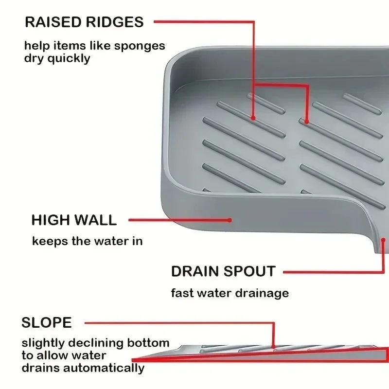 Silicone Sink Organizer Tray with Drain, Soap Sponge Holder, Scrubber Brush Storage, Countertop Kitchen Organizer