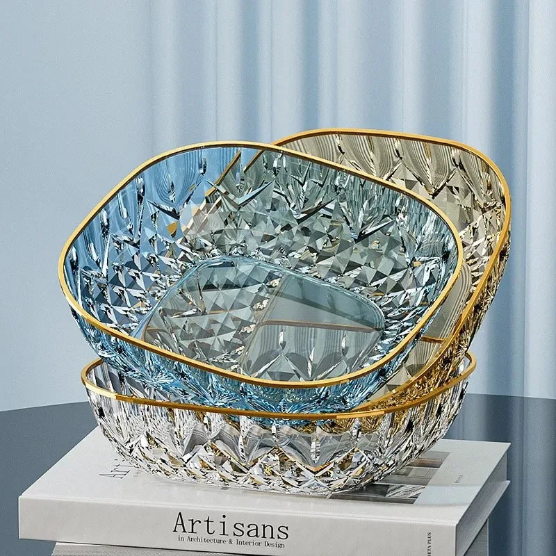 New Household Fruit Bowl Salad Dessert Biscuit Plate Plastic Square Transparent Tray Golden Edge Snack Plates Tableware