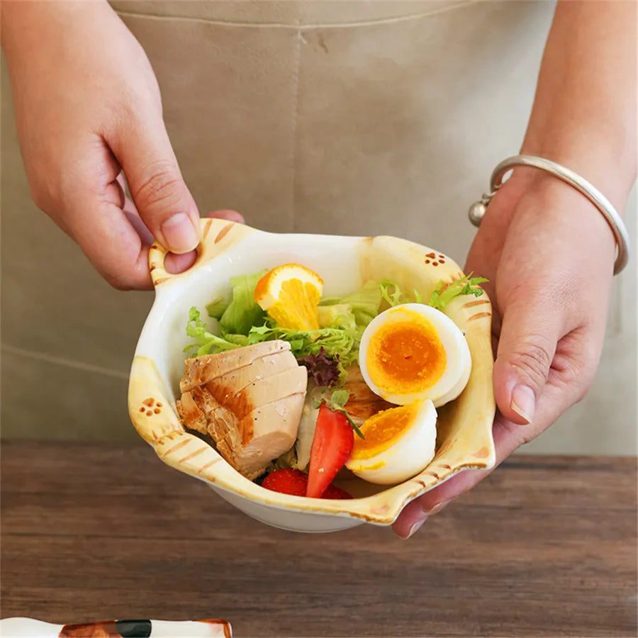 Ceramic salad bowl, creative hand drawn kitten bowl, 330ml/11oz cute fruit salad bowl