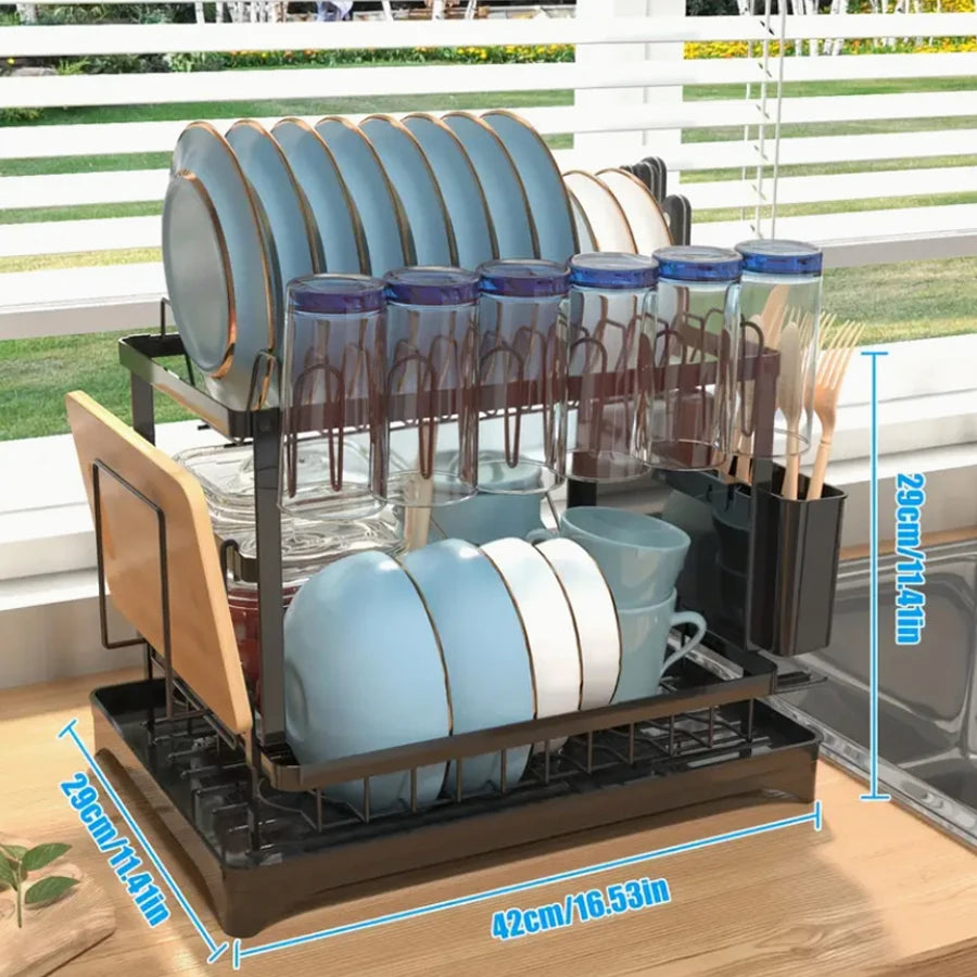 Multifunctional Dishs Drying Rack - Rustproof 2-Tier Dish Racks with Drainboard, Space-Saving Design, Utensil & Cup Holder