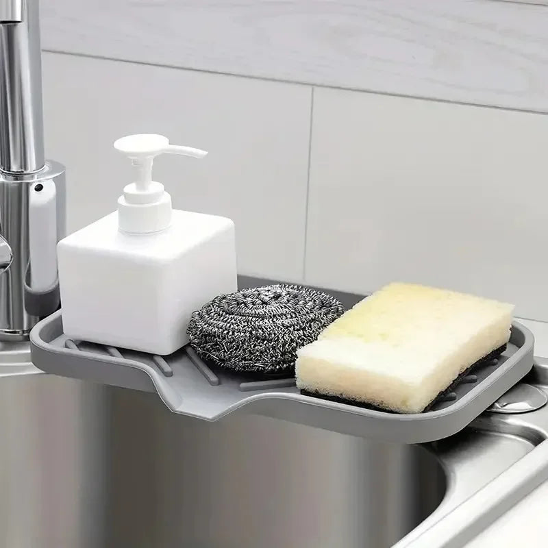 Silicone Sink Organizer Tray with Drain, Soap Sponge Holder, Scrubber Brush Storage, Countertop Kitchen Organizer