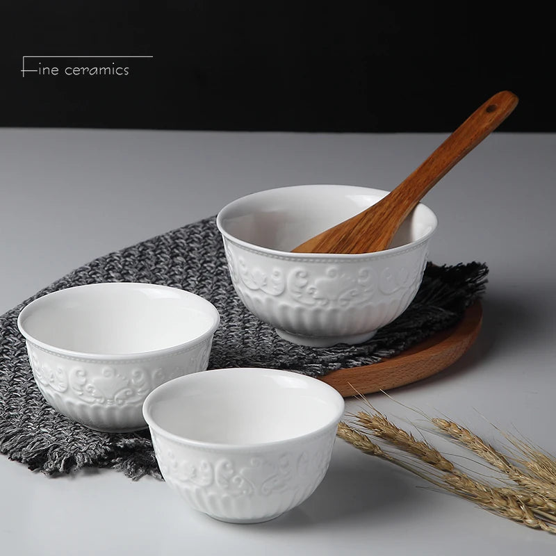 4/5/6inch, white embossed porcelain salad bowls, ceramic cooking food bowl, japanese rice bowl , kitchen food container, small