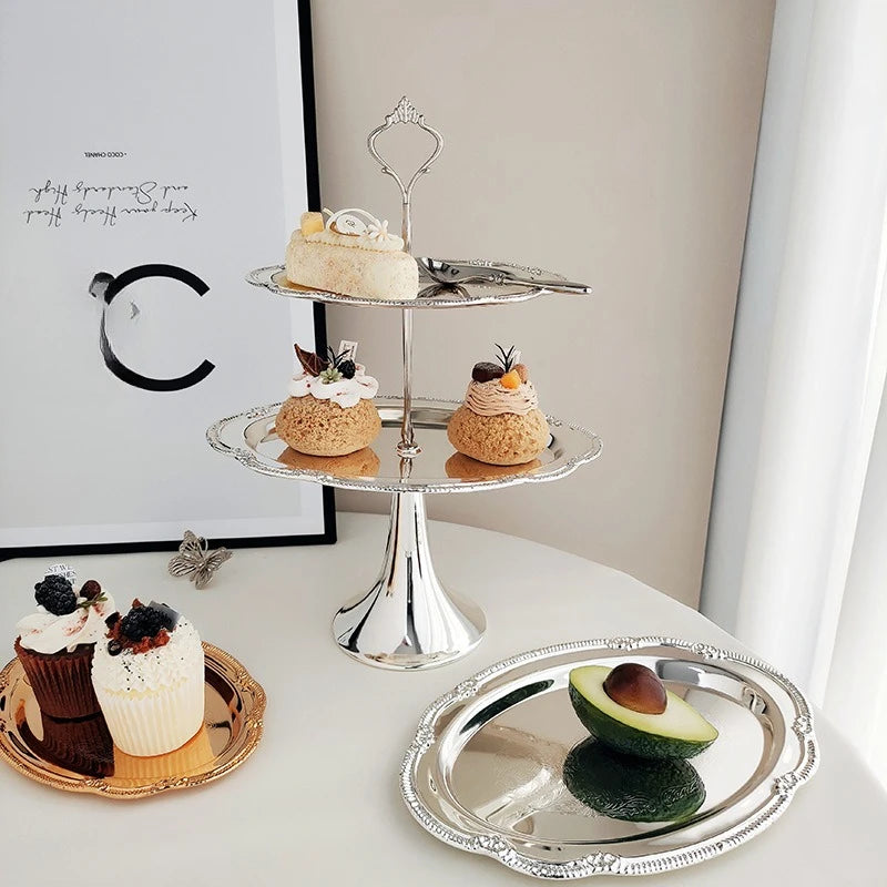 Vintage Embossed Silver Tray Serving Platter for Desserts Jewelry Storage Organizer Snack Plate Dining Table Decoration