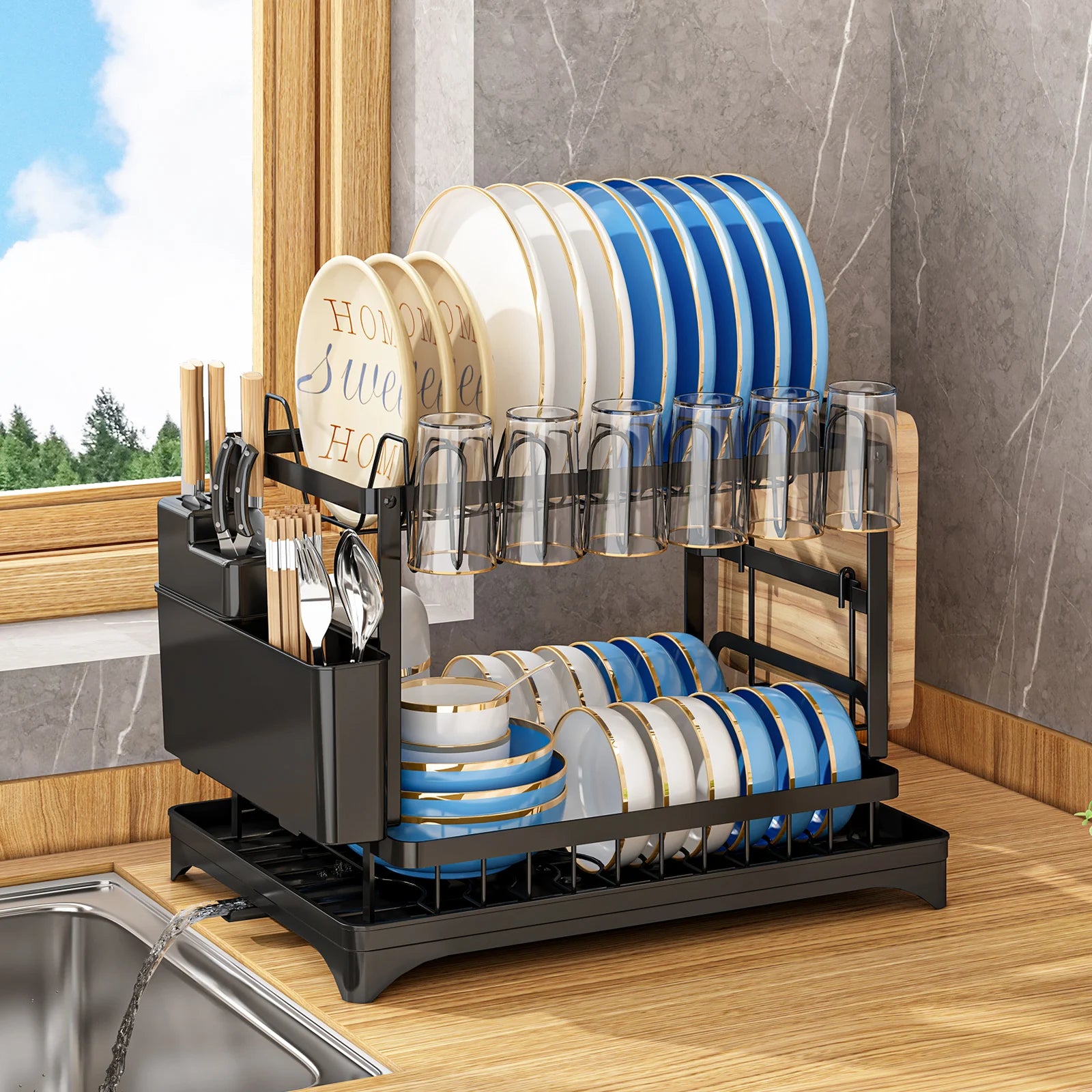 Multifunctional Dishs Drying Rack - Rustproof 2-Tier Dish Racks with Drainboard, Space-Saving Design, Utensil & Cup Holder