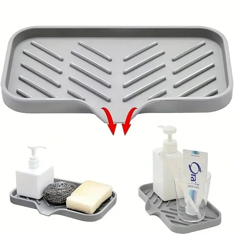 Silicone Sink Organizer Tray with Drain, Soap Sponge Holder, Scrubber Brush Storage, Countertop Kitchen Organizer