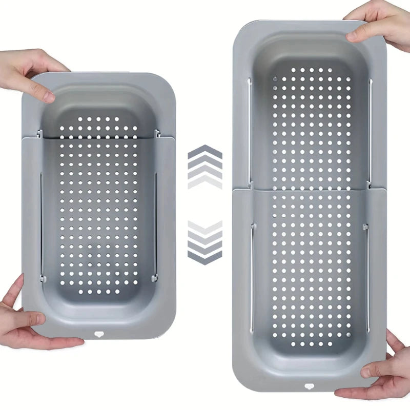 Sink Colander Basket, Organizer Storage Blue, Draining Plate - Expandable Home Kitchen Essentials (7.9Wx14.5-19.5Lx2.75H) Gray