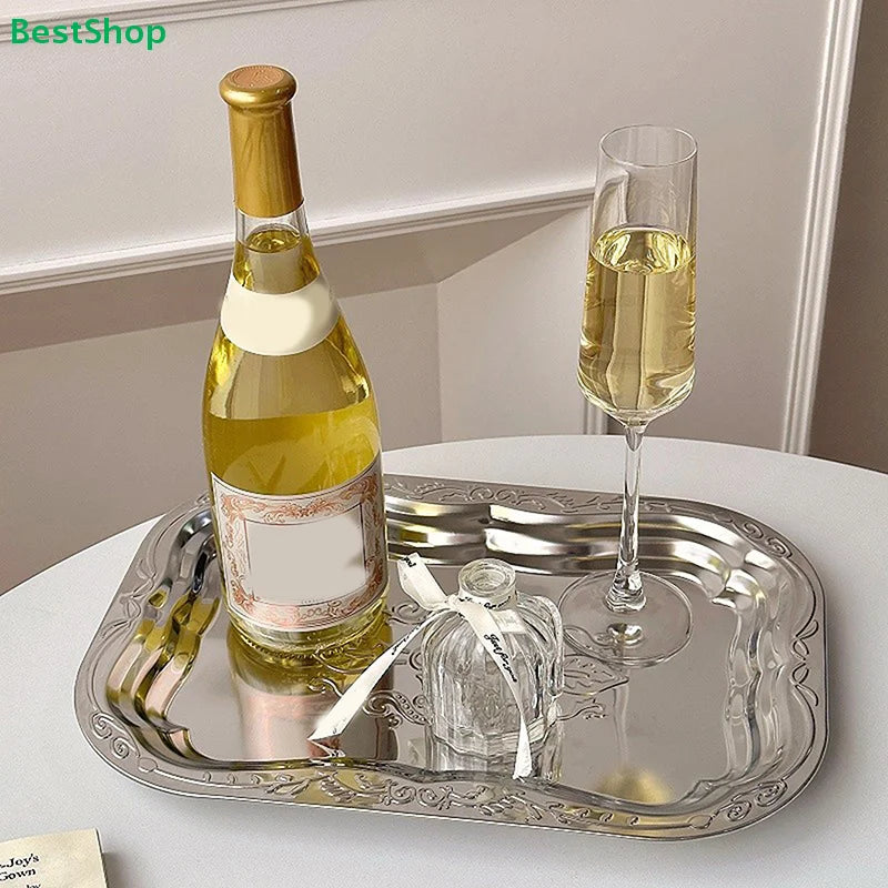 ♥Vintage Engraved Stainless Steel Serving Trays - Decorative Rectangle Platter for Party, Dining & Home Decor