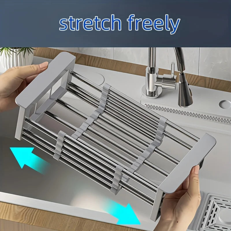 Kitchen Sink Drain Rack Retractable Stainless Steel Drain Basket Over The Sink Dish Drying Rack Multifunctional Accessories