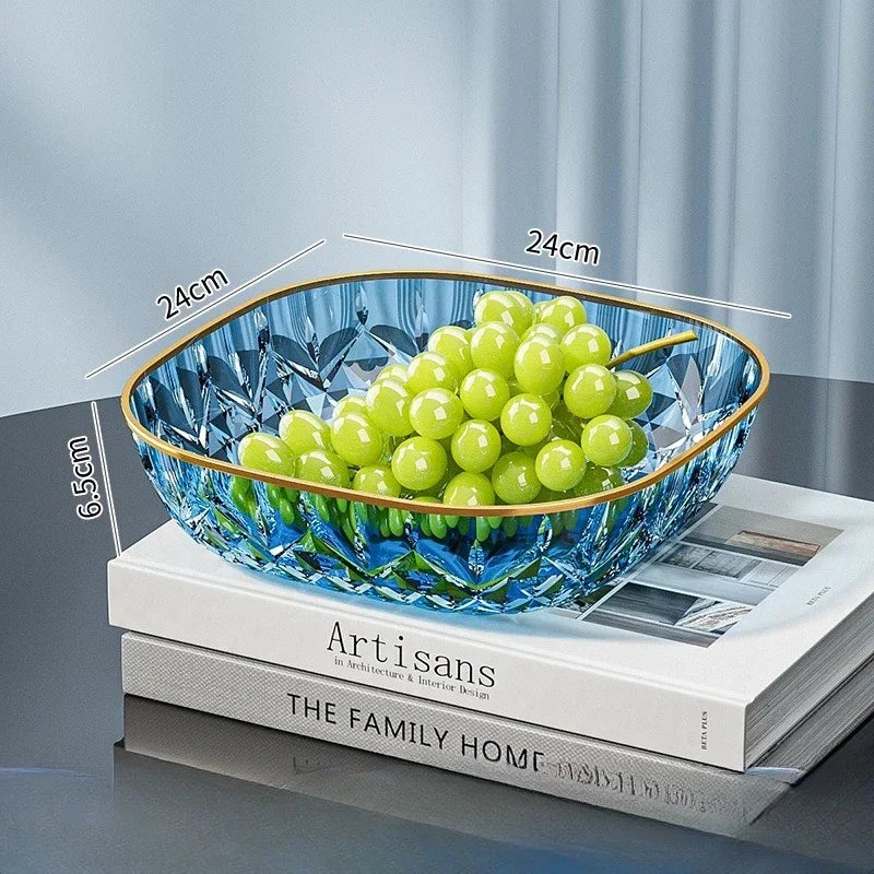New Household Fruit Bowl Salad Dessert Biscuit Plate Plastic Square Transparent Tray Golden Edge Snack Plates Tableware