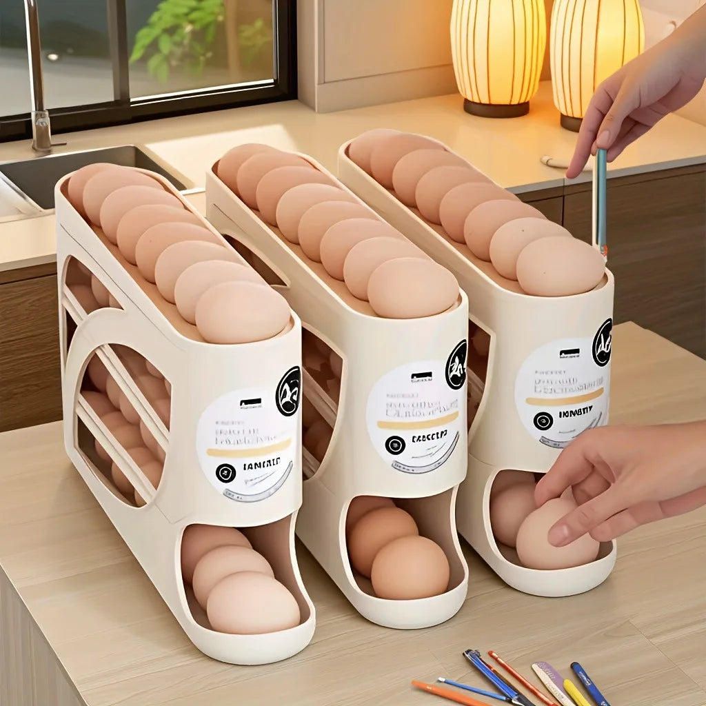 Fridge Egg Holder - 4-Tier Slide-Out Rack for 30 Eggs | Space-Saving Kitchen Organizer | Ergonomic Handle & Anti-Collision Rails