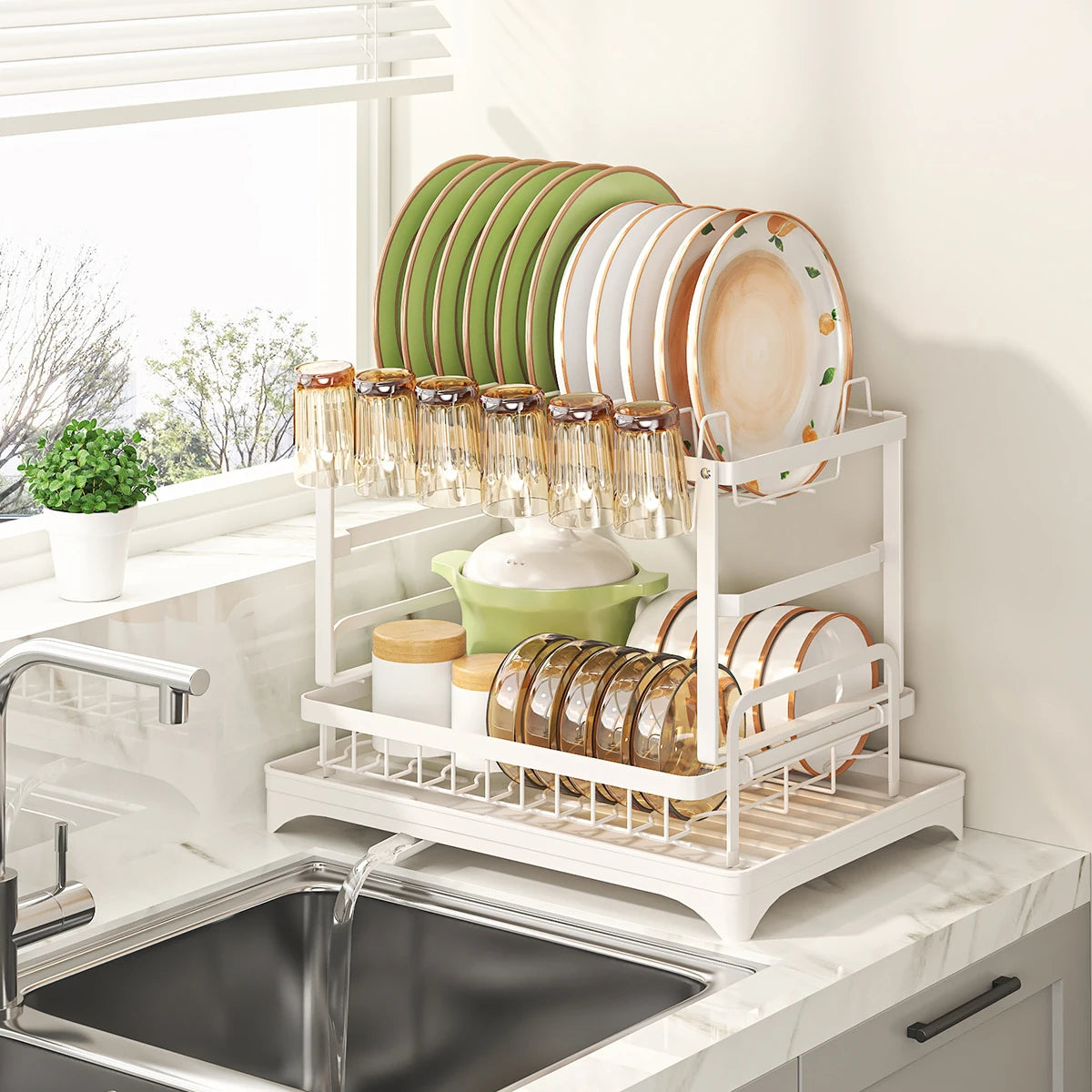 Multifunctional Dishs Drying Rack - Rustproof 2-Tier Dish Racks with Drainboard, Space-Saving Design, Utensil & Cup Holder