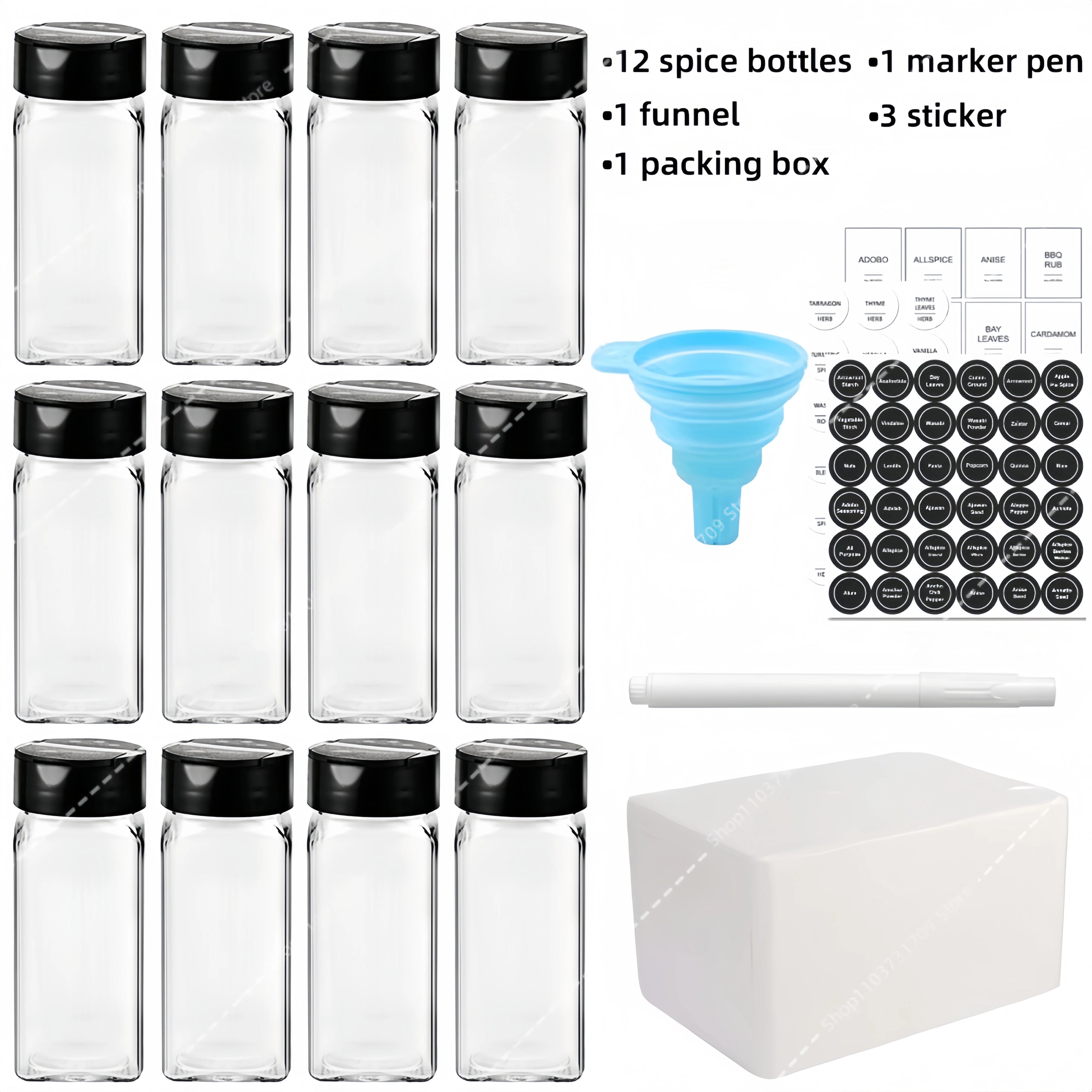 12Pcs Spice Jars with label Seasoning Containers Salt Glass Spice Jars with Black Shaker Lid Pepper Shakers Spices Container Set