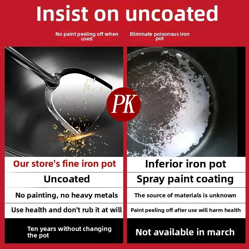 Thickened double ear iron pan frying pan, household deep stew pan, flat bottomed non stick pan, induction cooker frying pan
