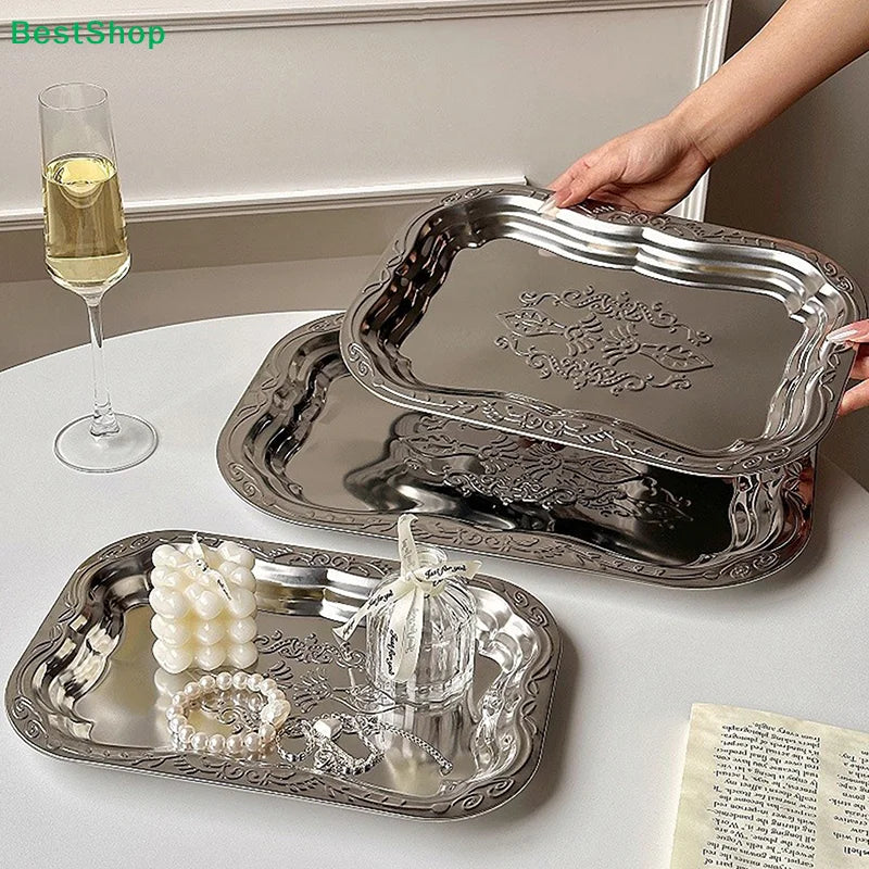 ♥Vintage Engraved Stainless Steel Serving Trays - Decorative Rectangle Platter for Party, Dining & Home Decor