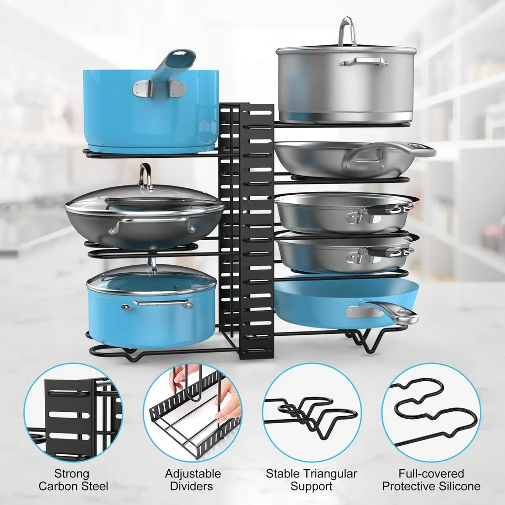 Pot Rack Organizer Under Cabinet,8 Tier Adjustable Pot Organizers Inside Cabinet,Pan Storage Organizer Rack for Storing Pots Pan