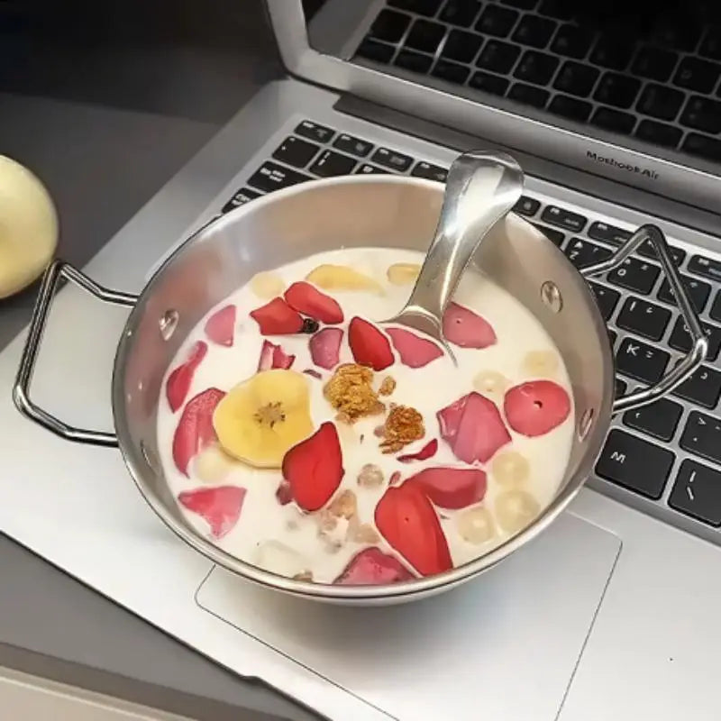 Superior Stainless Steel Food Serving Bowl; Handy Handle for Rice, Wine & Sauces