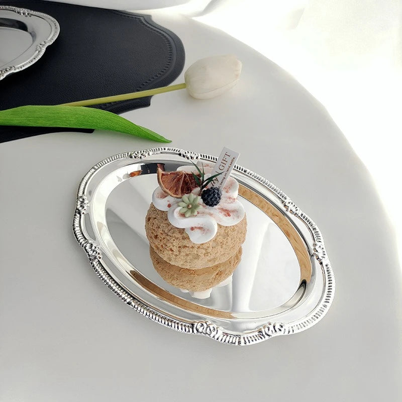 Vintage Embossed Silver Tray Serving Platter for Desserts Jewelry Storage Organizer Snack Plate Dining Table Decoration